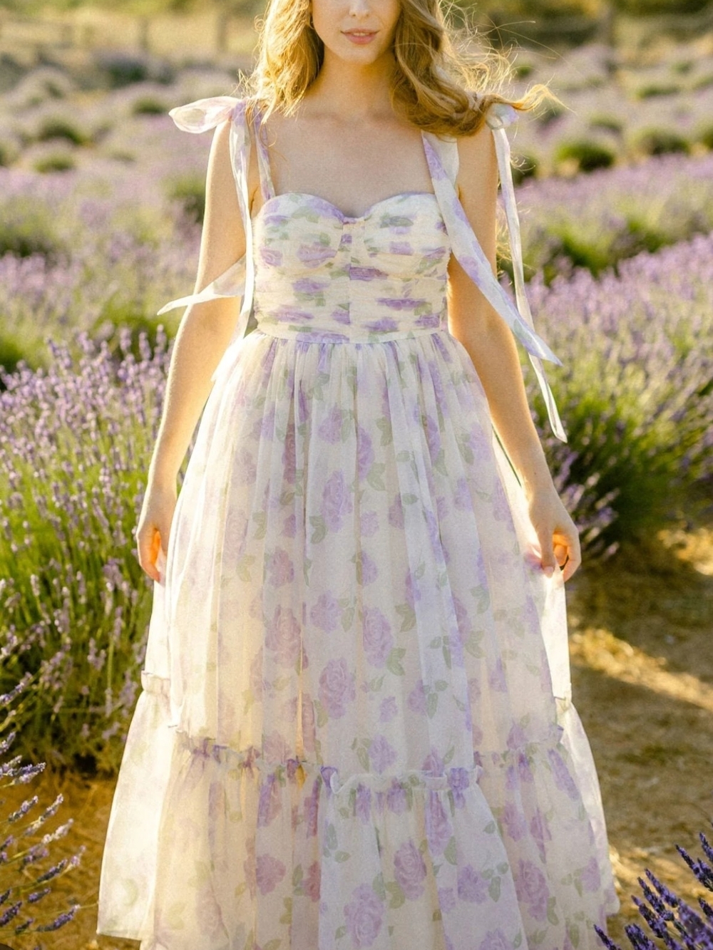 Lavender Floral Tie-Shoulder Maxi Dress